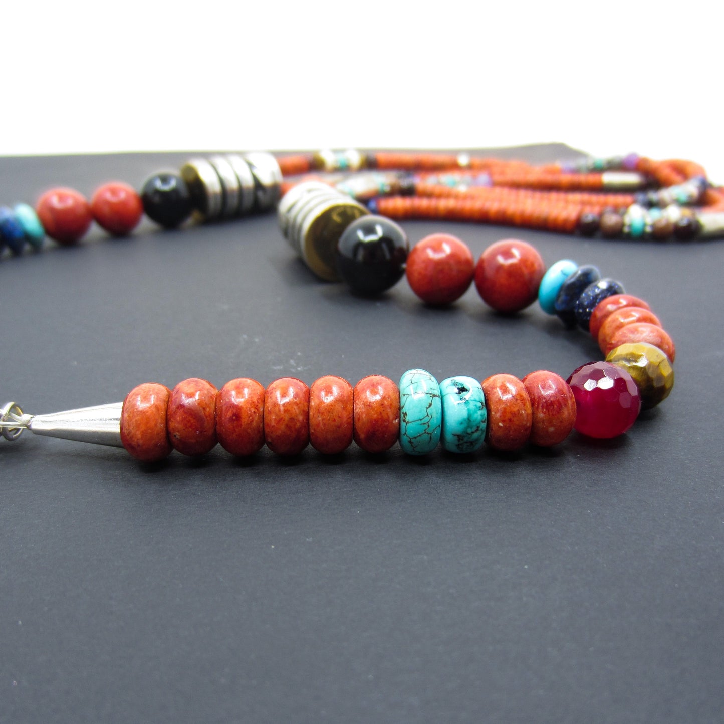 Vintage Navajo Sponge Coral Three Strand Necklace Sterling, Tommy Singer