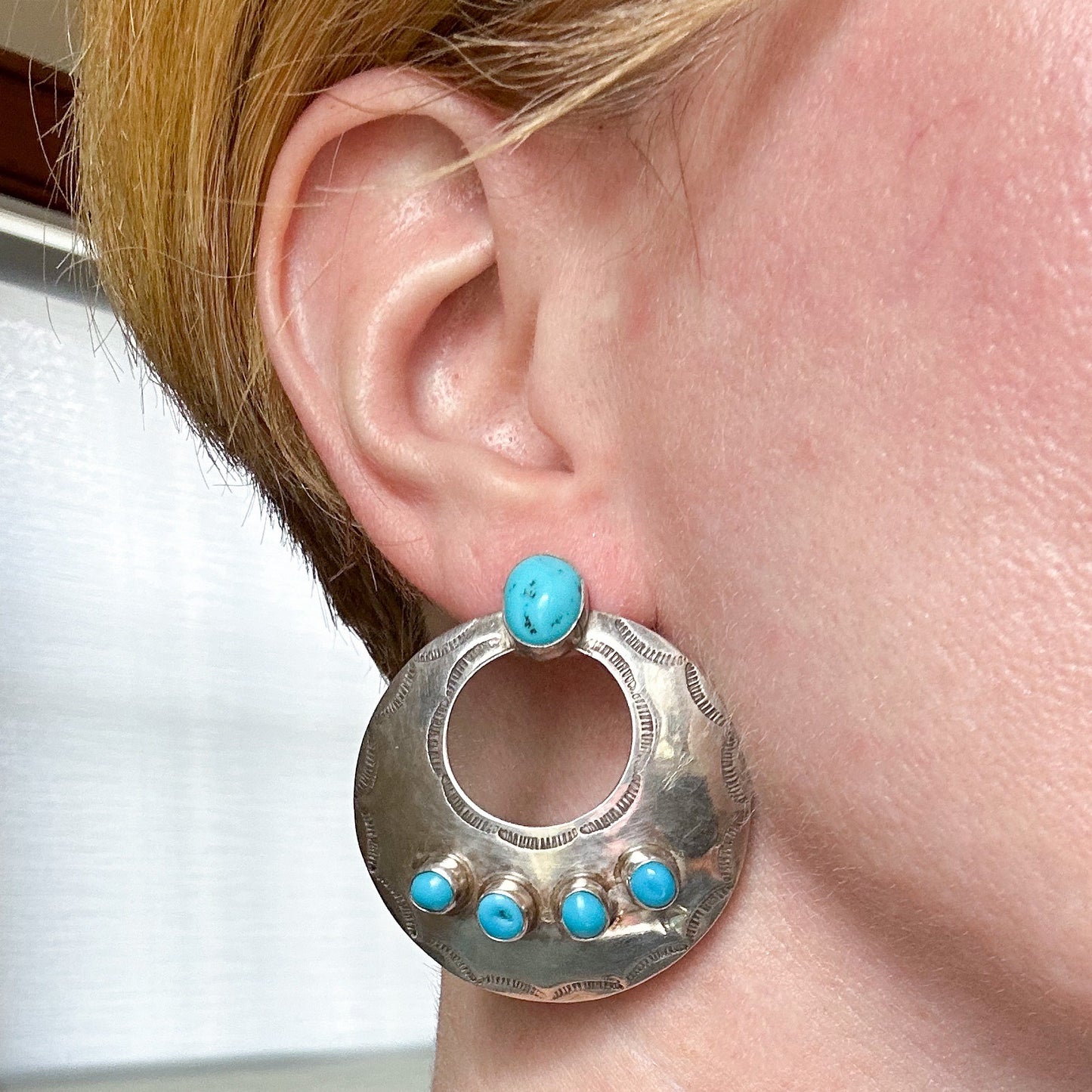 SOLD--Vintage Navajo Turquoise Hoop Earrings Sterling c. 1970