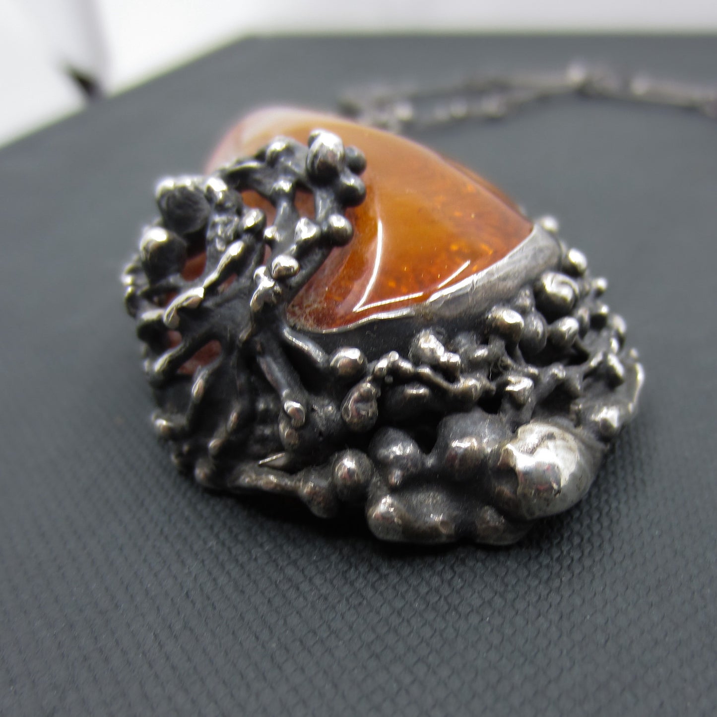 Vintage Brutalist Baltic Amber Necklace Silver c. 1970