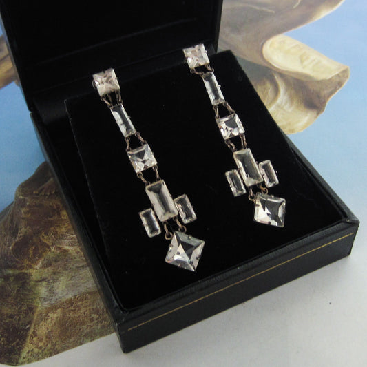 SOLD--Art Deco Square Cut Paste Drop Earrings Sterling c. 1930