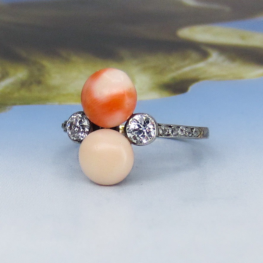 Edwardian Coral and Old Mine Diamond Ring Platinum/14k c. 1900