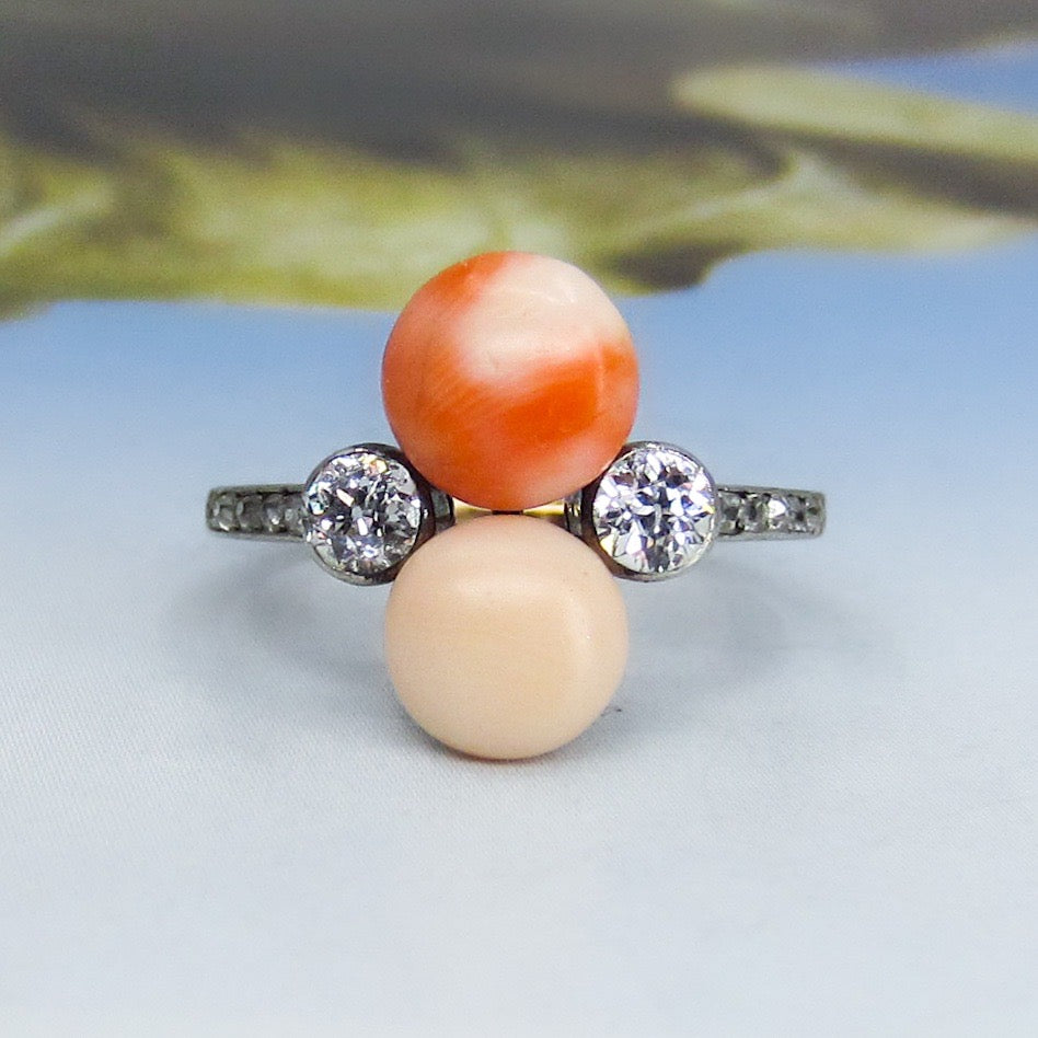 Edwardian Coral and Old Mine Diamond Ring Platinum/14k c. 1900