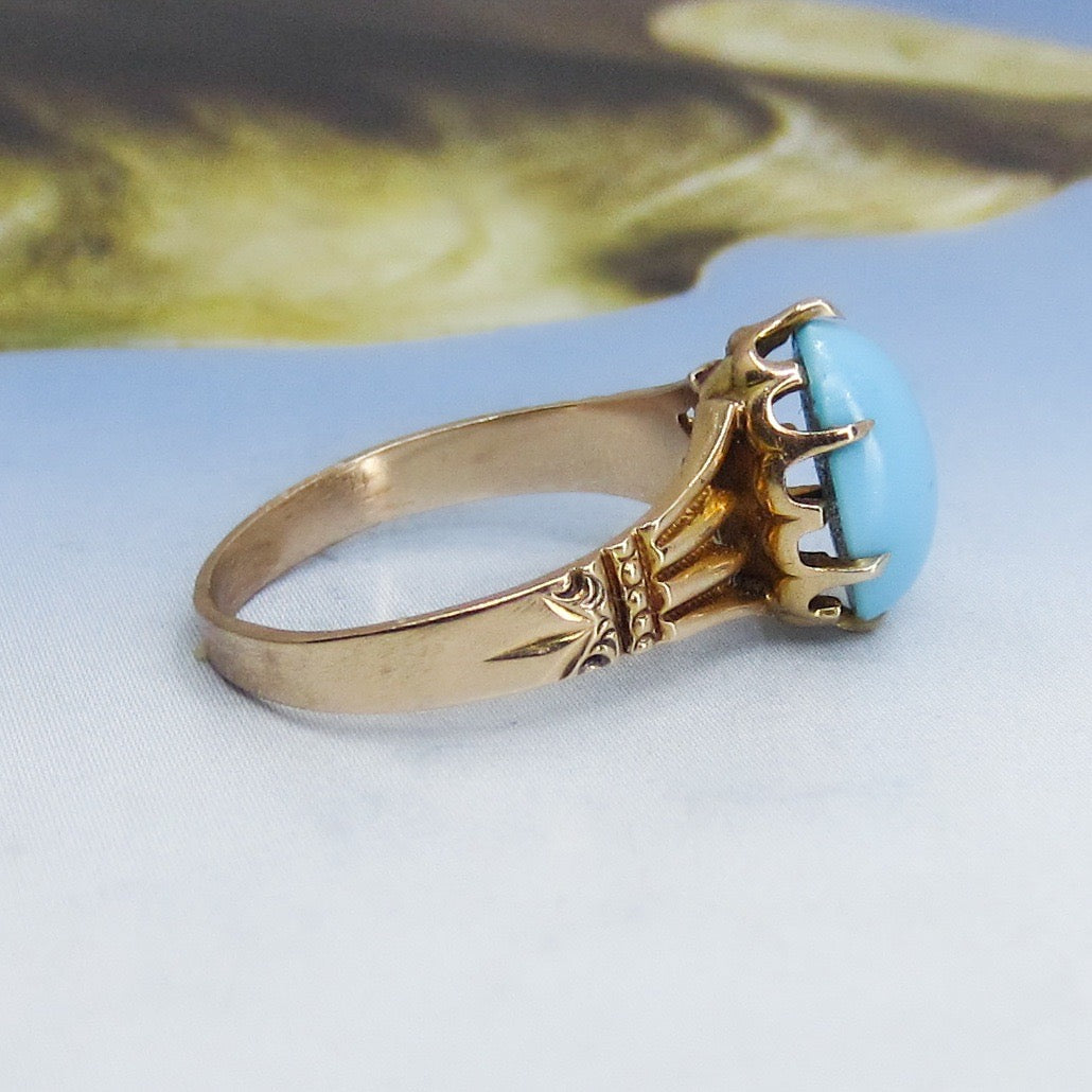 Victorian Crown Set Turquoise Ring 14k c. 1880