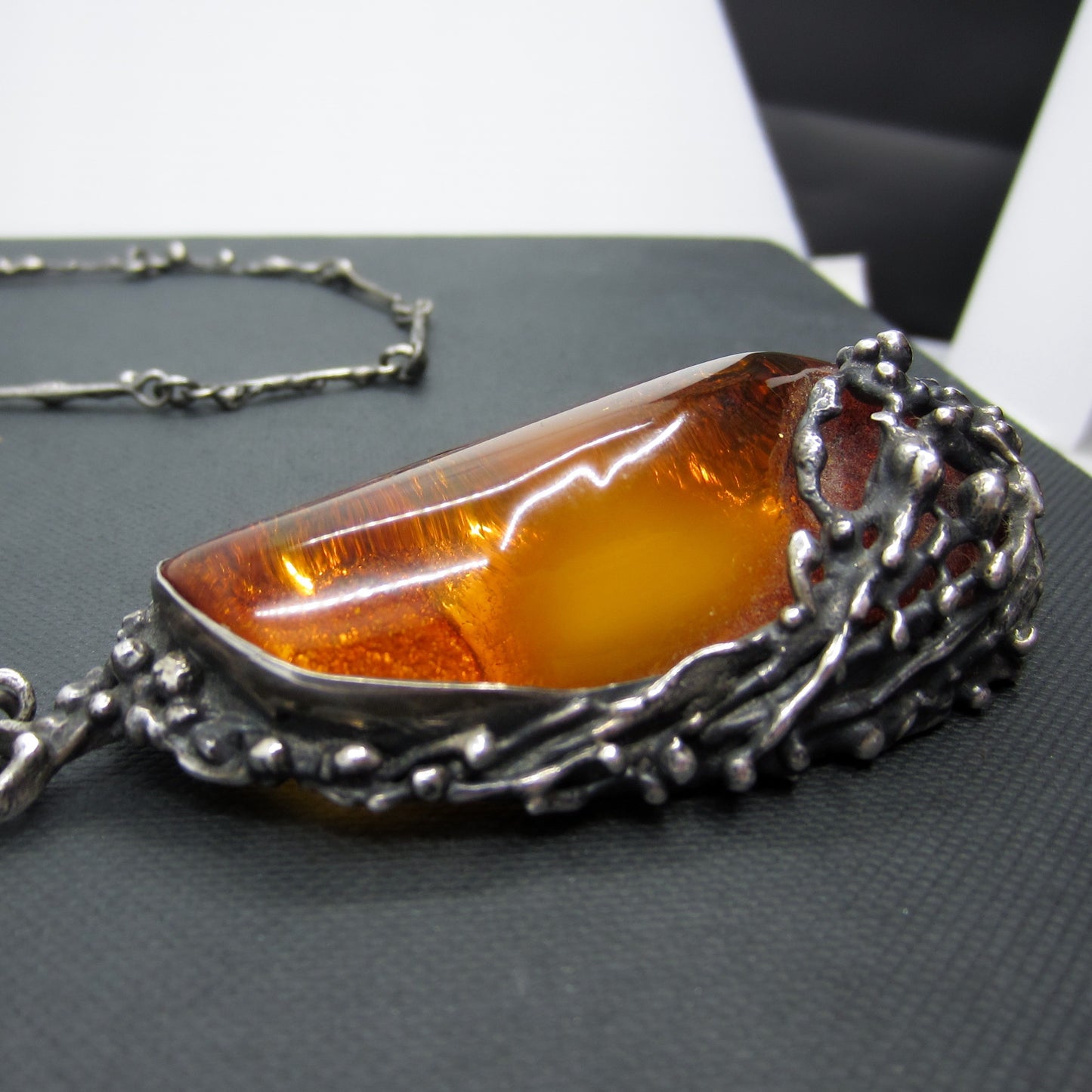 Vintage Brutalist Baltic Amber Necklace Silver c. 1970