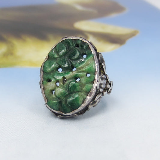 Arts and Crafts Carved Jade Ring Sterling c. 1920