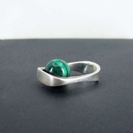 SOLD-French Modernist Malachite Ring Sterling, Size 6 c. 1960