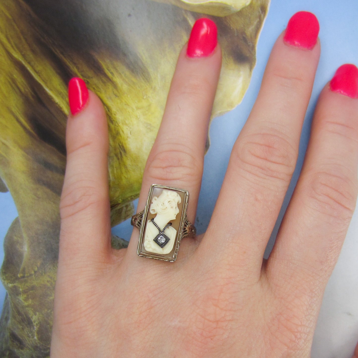 Art Deco Cameo Diamond Ring 14k c. 1930