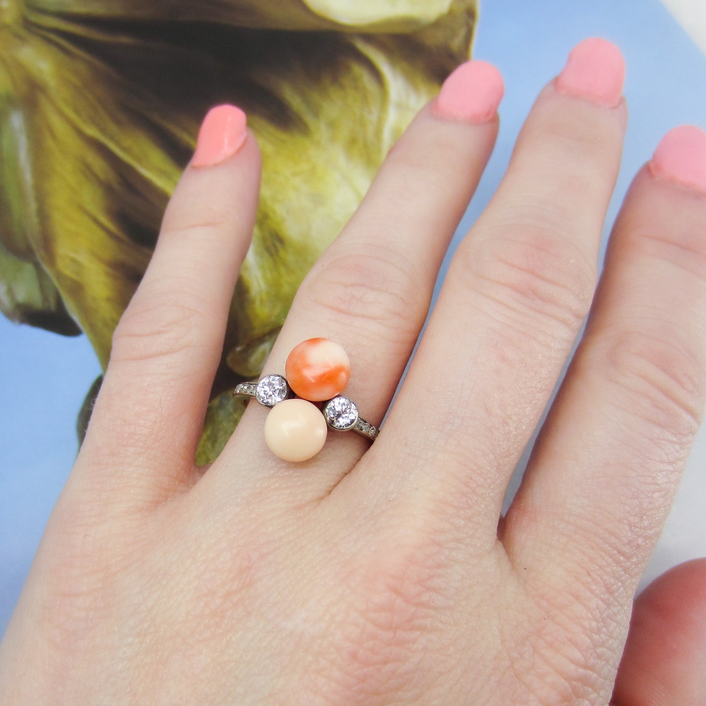 Edwardian Coral and Old Mine Diamond Ring Platinum/14k c. 1900