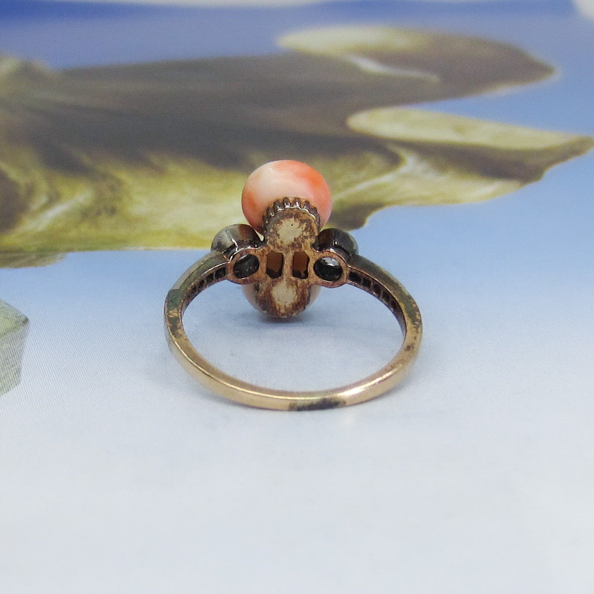 Edwardian Coral and Old Mine Diamond Ring Platinum/14k c. 1900