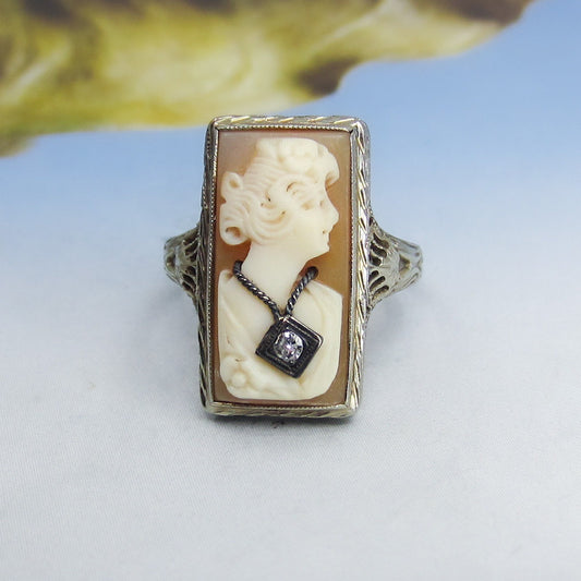 Art Deco Cameo Diamond Ring 14k c. 1930
