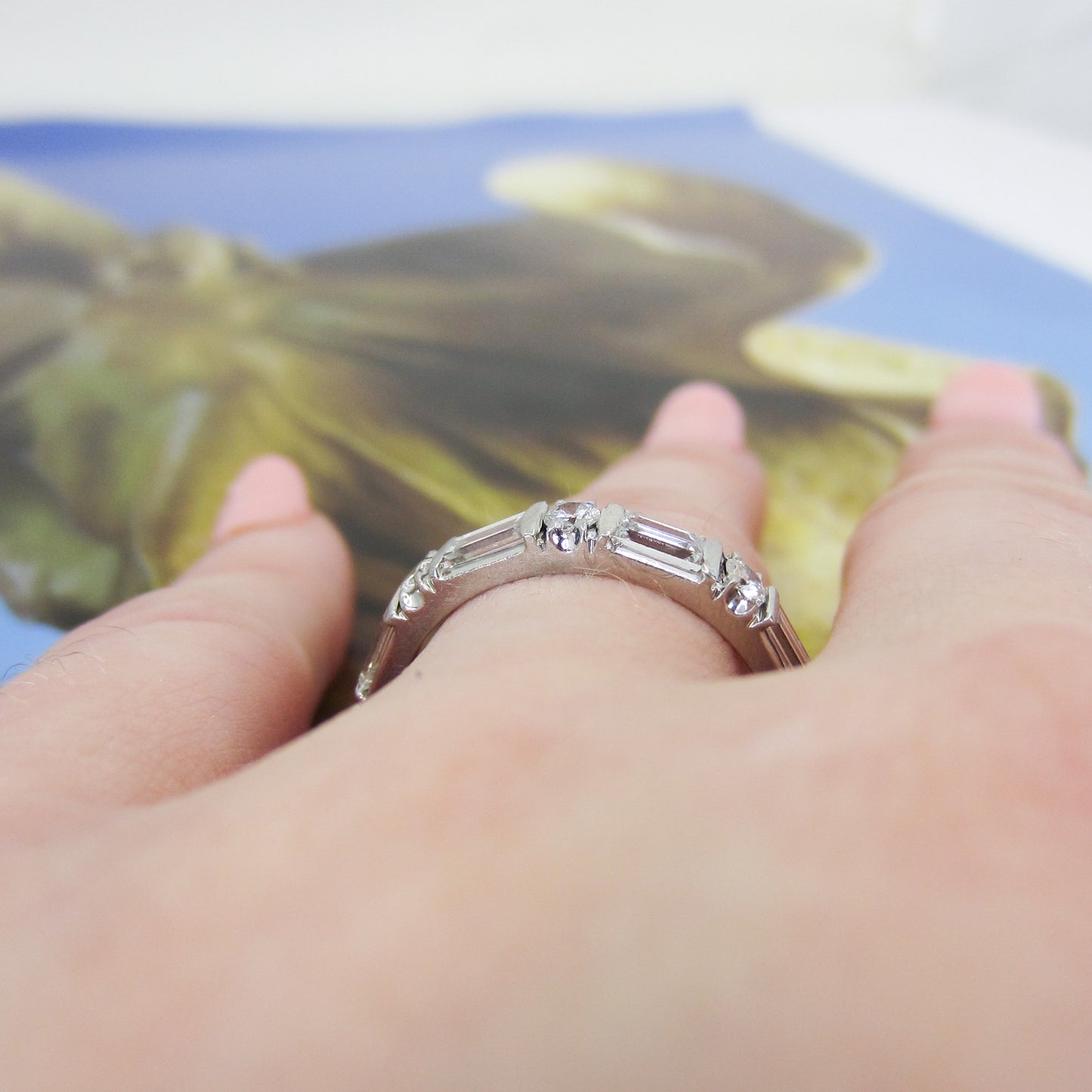 Vintage Baguette and Round Diamond Eternity Band Platinum, Size 8.25