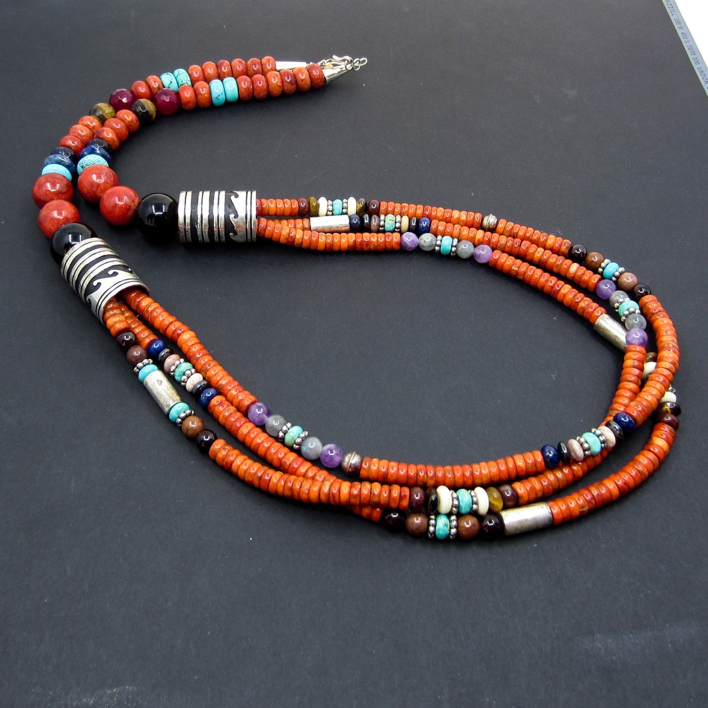 Vintage Navajo Sponge Coral Three Strand Necklace Sterling, Tommy Singer