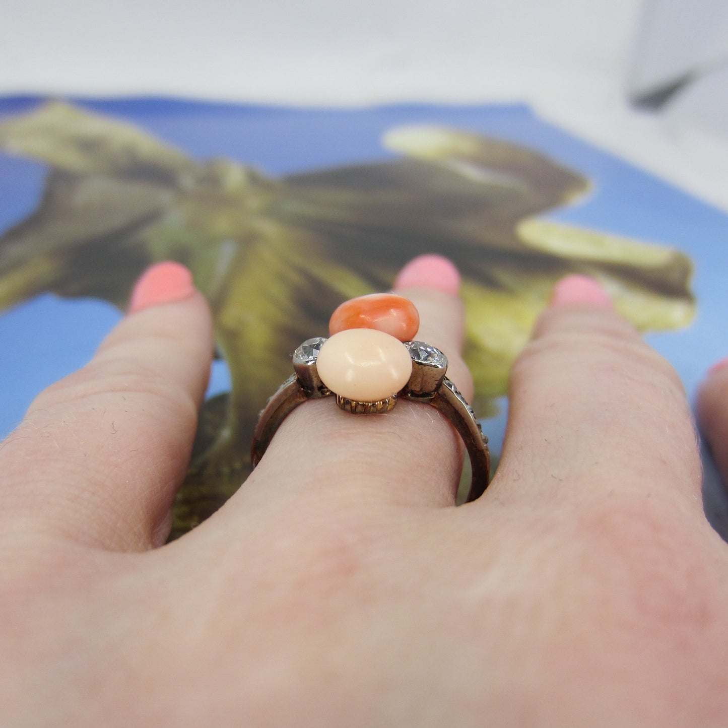 Edwardian Coral and Old Mine Diamond Ring Platinum/14k c. 1900