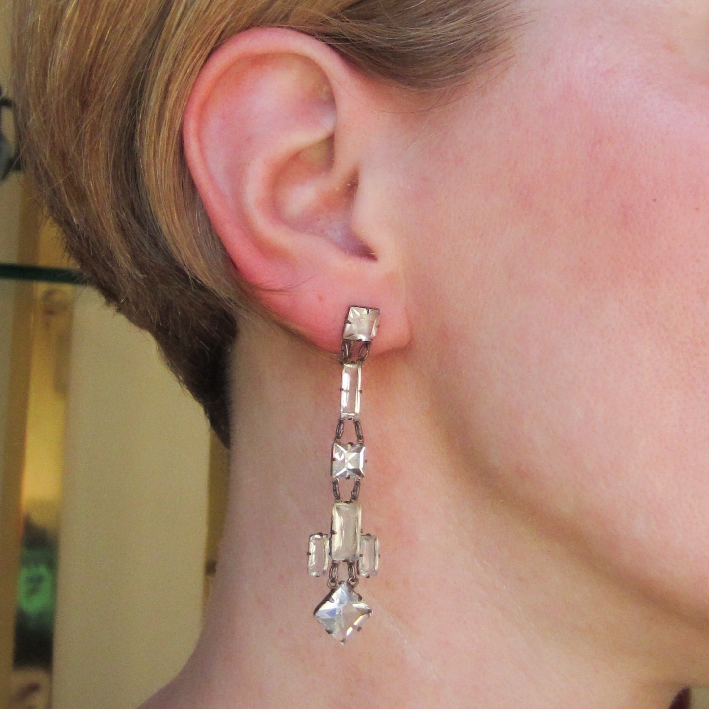 SOLD--Art Deco Square Cut Paste Drop Earrings Sterling c. 1930