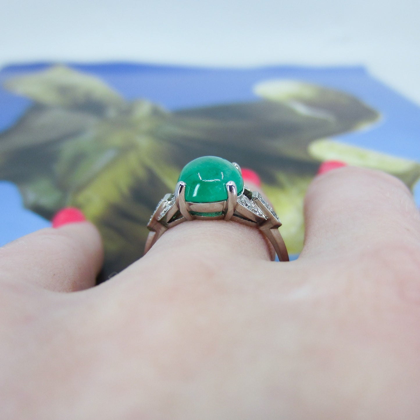 SOLD-Art Deco Emerald Cabochon and Diamond Ring Platinum c. 1930