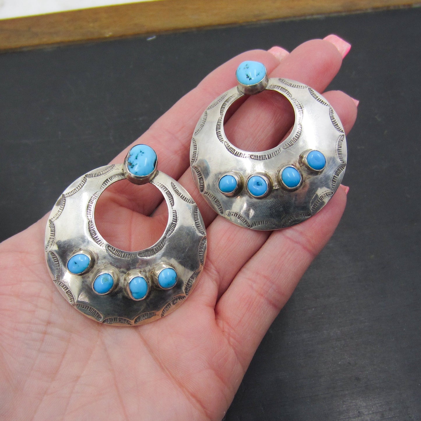 SOLD--Vintage Navajo Turquoise Hoop Earrings Sterling c. 1970