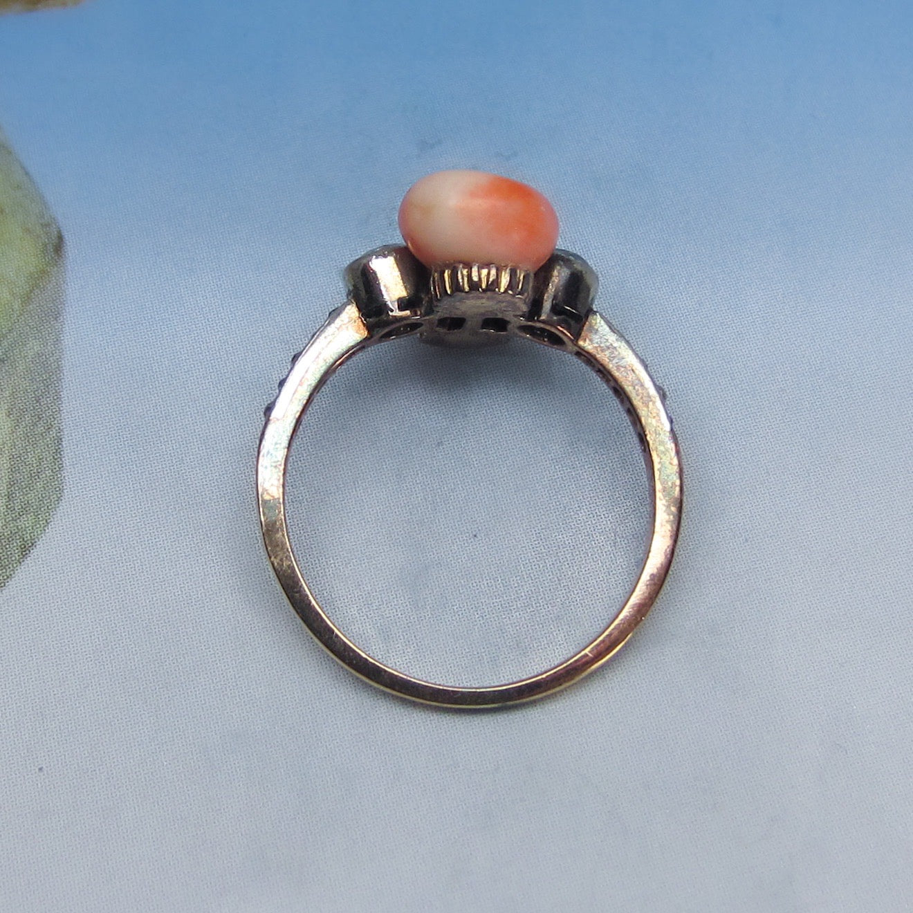 Edwardian Coral and Old Mine Diamond Ring Platinum/14k c. 1900