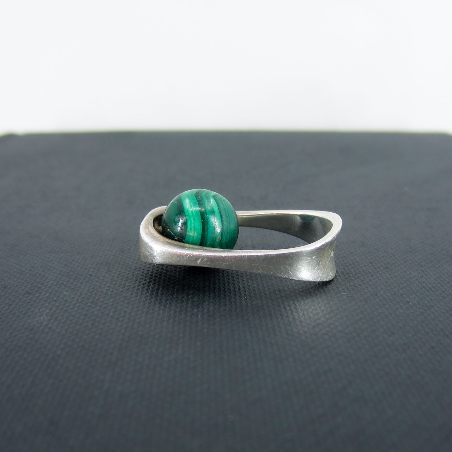 SOLD-French Modernist Malachite Ring Sterling, Size 6 c. 1960