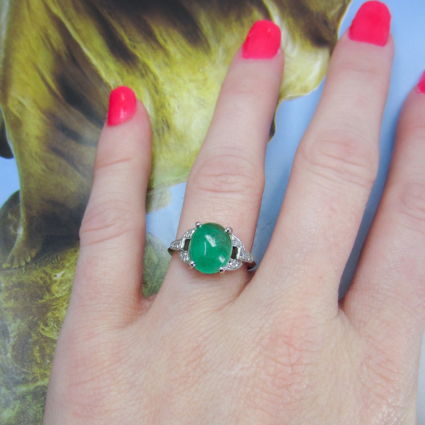 SOLD-Art Deco Emerald Cabochon and Diamond Ring Platinum c. 1930