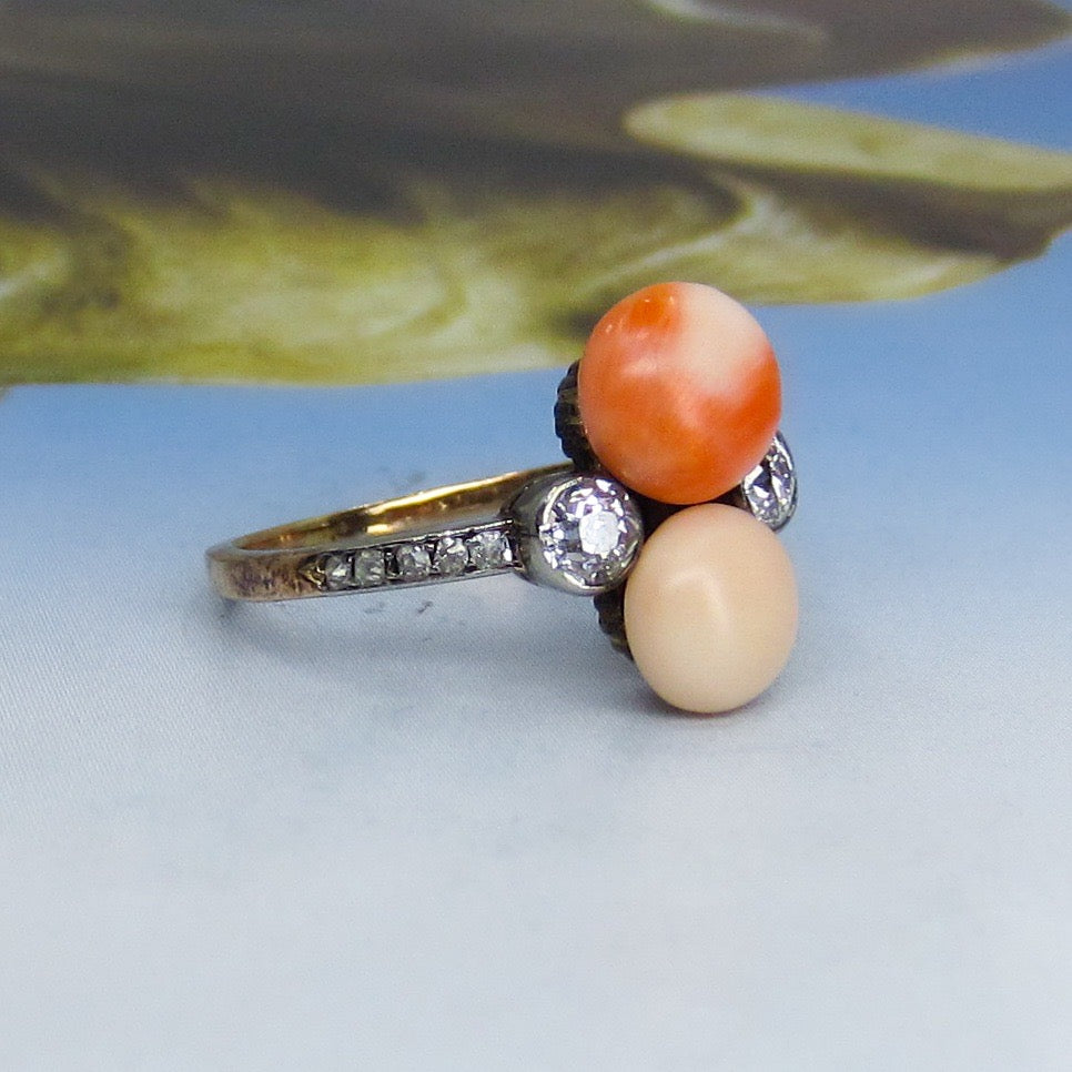 Edwardian Coral and Old Mine Diamond Ring Platinum/14k c. 1900