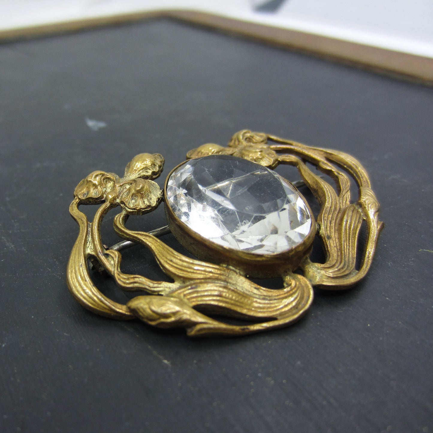 SOLD--Art Nouveau Crystal Brooch Brass c. 1890