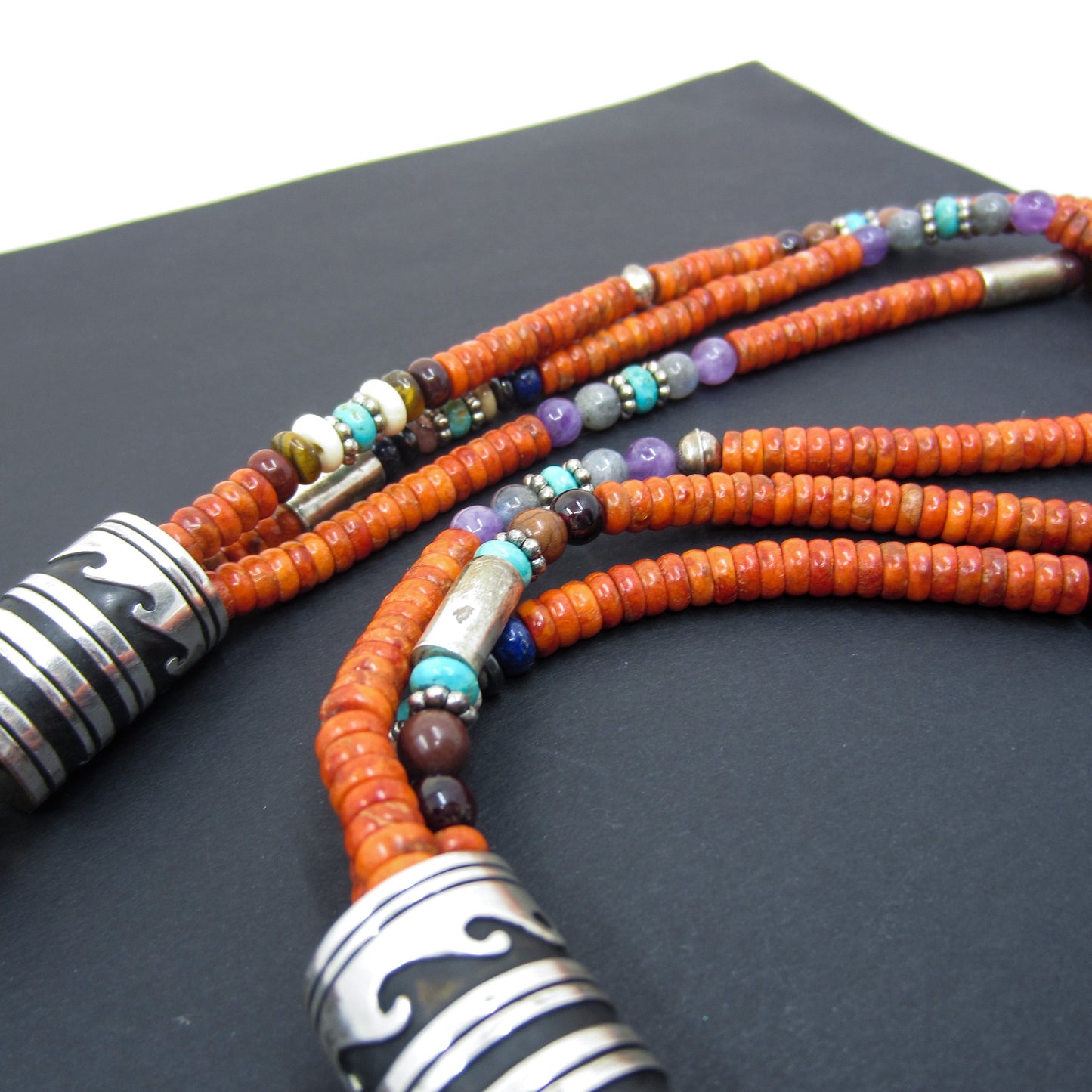 Vintage Navajo Sponge Coral Three Strand Necklace Sterling, Tommy Singer