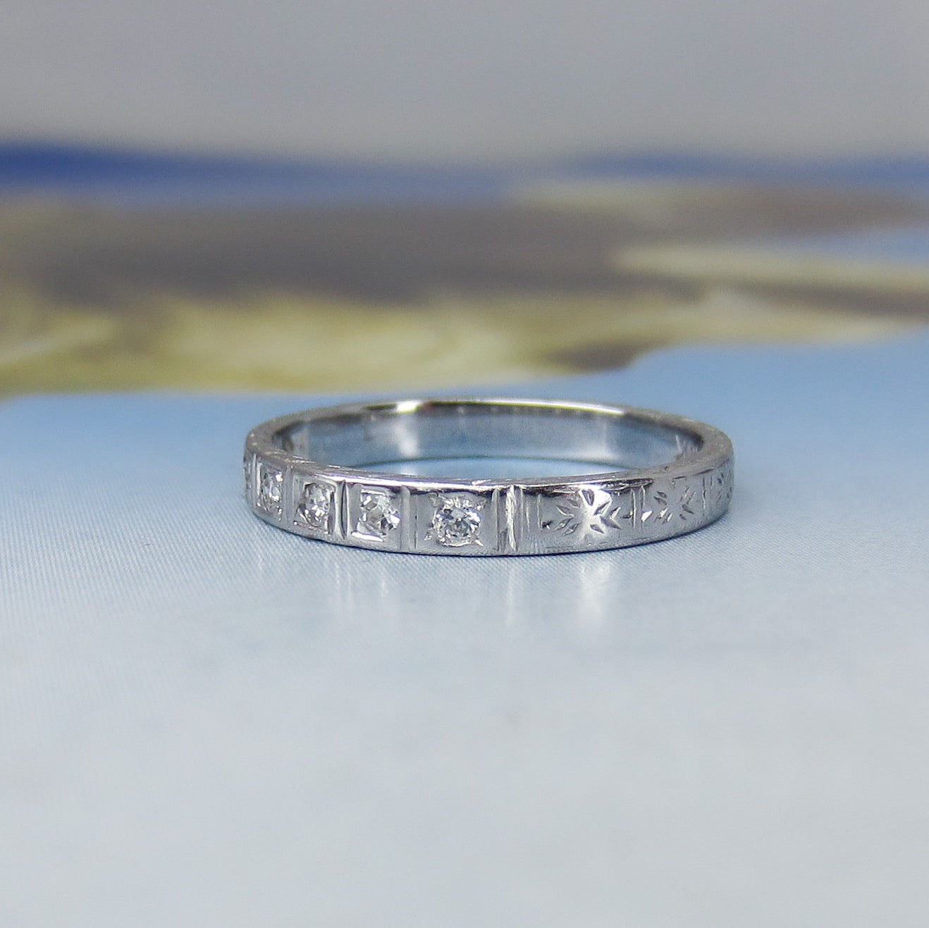 Art Deco Seven Diamond Engraved Band 18k c. 1930