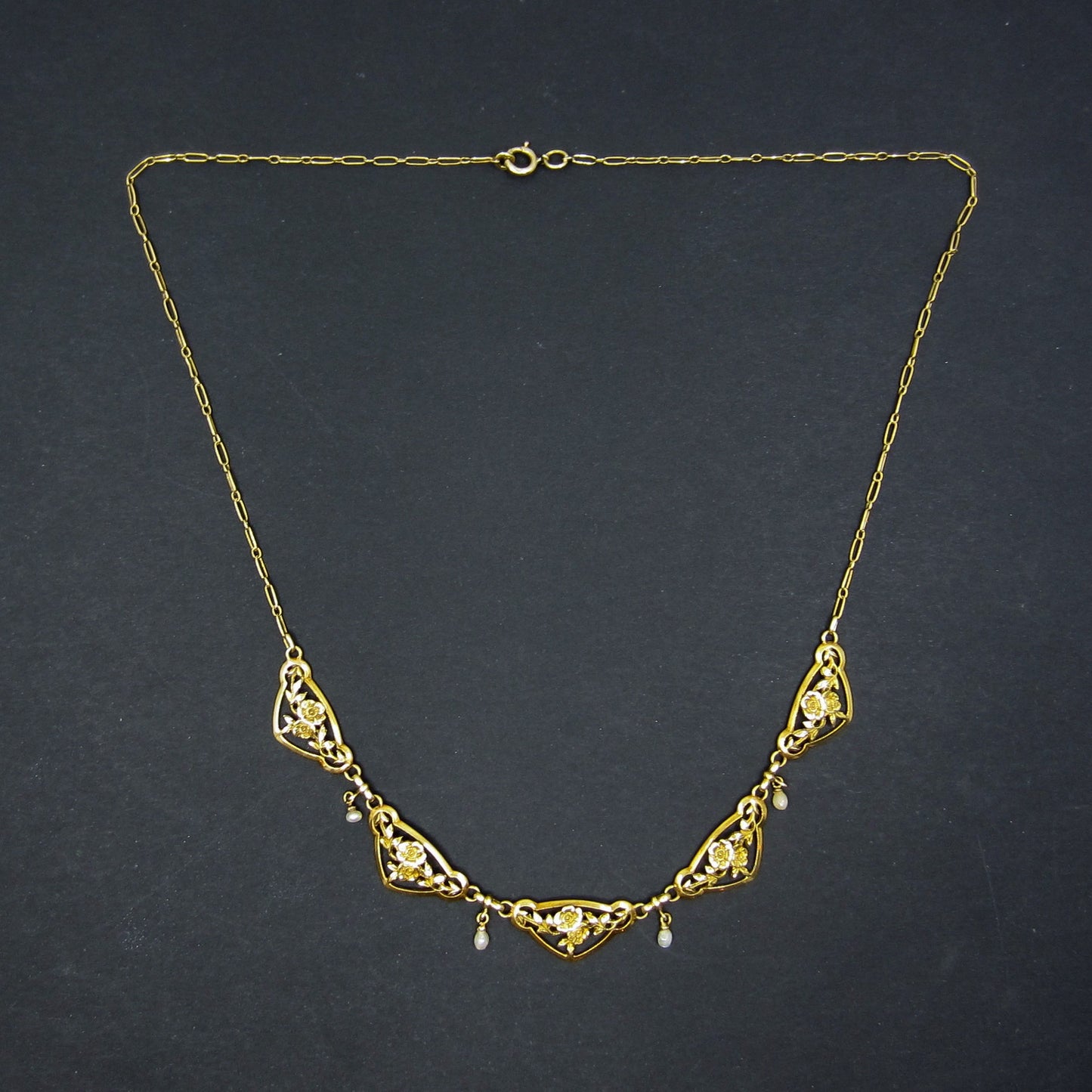 SOLD-Art Nouveau French Floral Motif Pearl Necklace 18k c. 1900