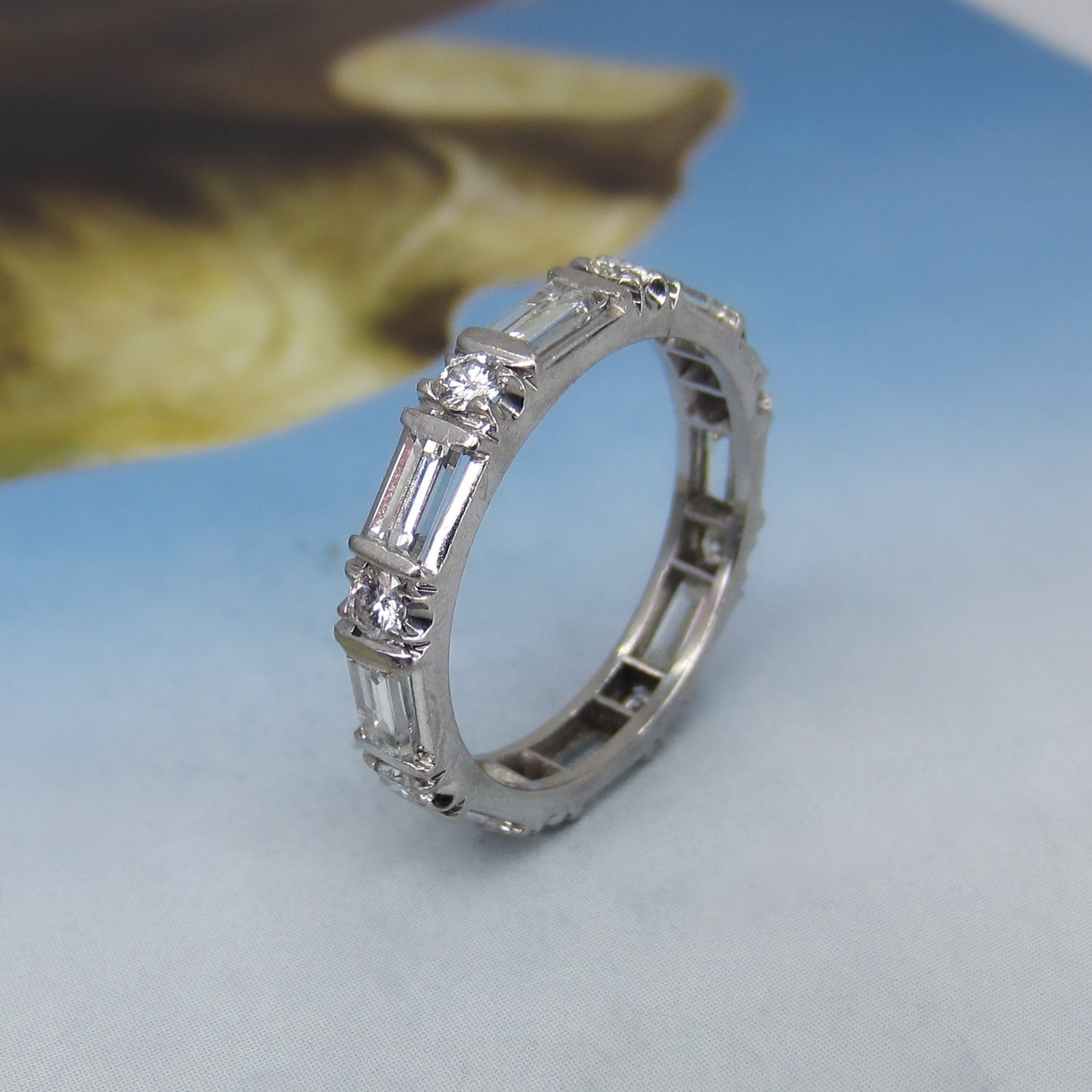 Vintage Baguette and Round Diamond Eternity Band Platinum, Size 8.25