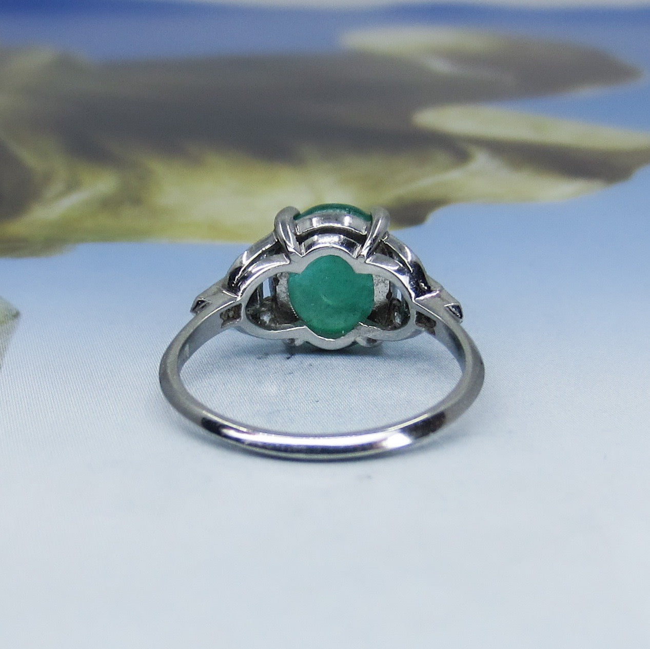 SOLD-Art Deco Emerald Cabochon and Diamond Ring Platinum c. 1930
