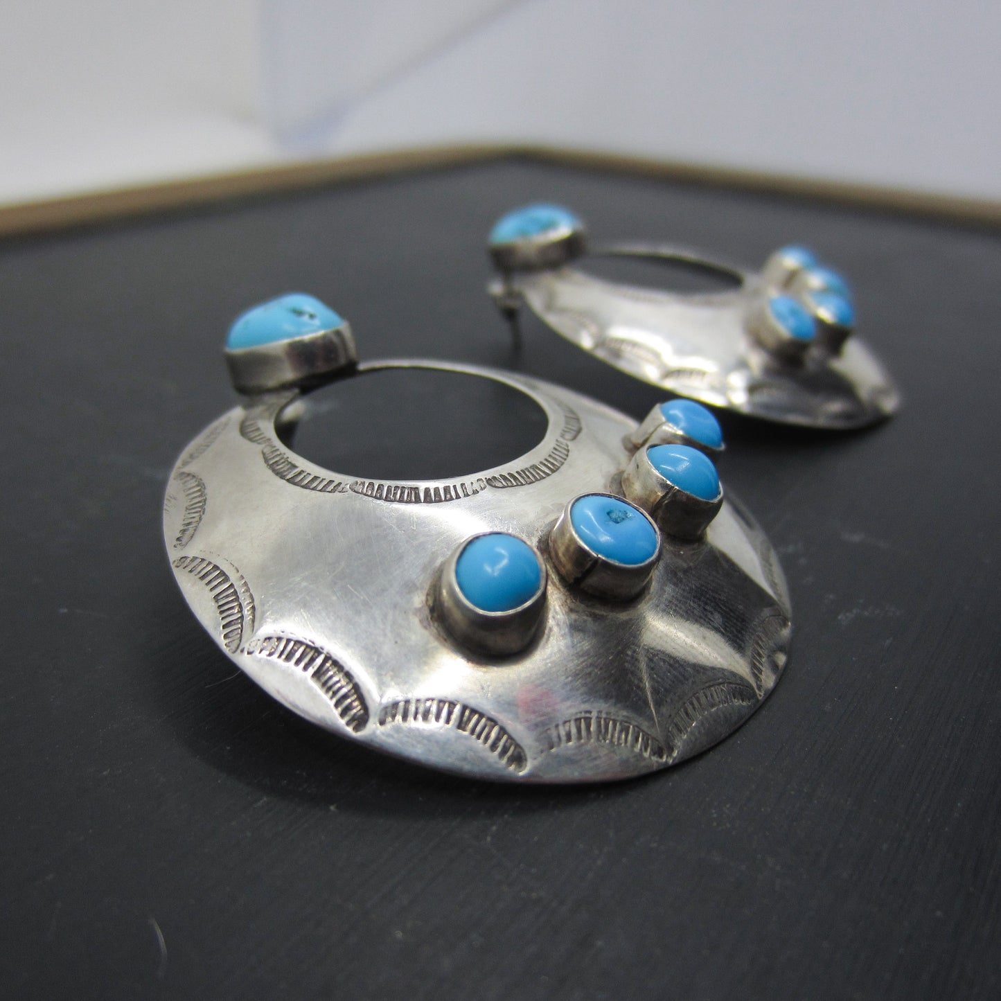 Vintage Navajo Turquoise Hoop Earrings Sterling c. 1970