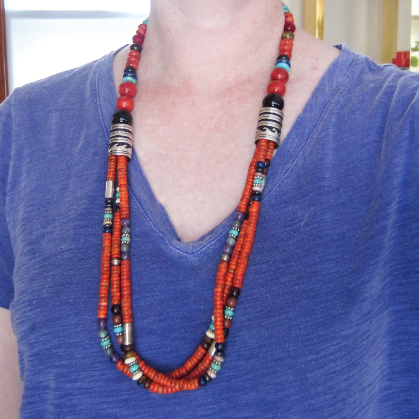 Vintage Navajo Sponge Coral Three Strand Necklace Sterling, Tommy Singer