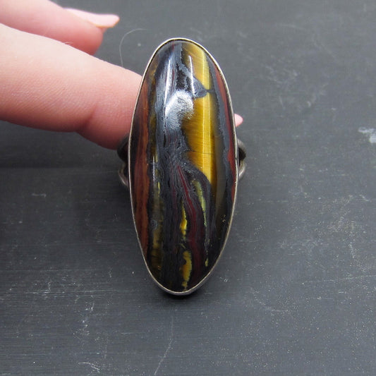 Vintage Big Tiger’s Eye Navette Ring Sterling c. 1960