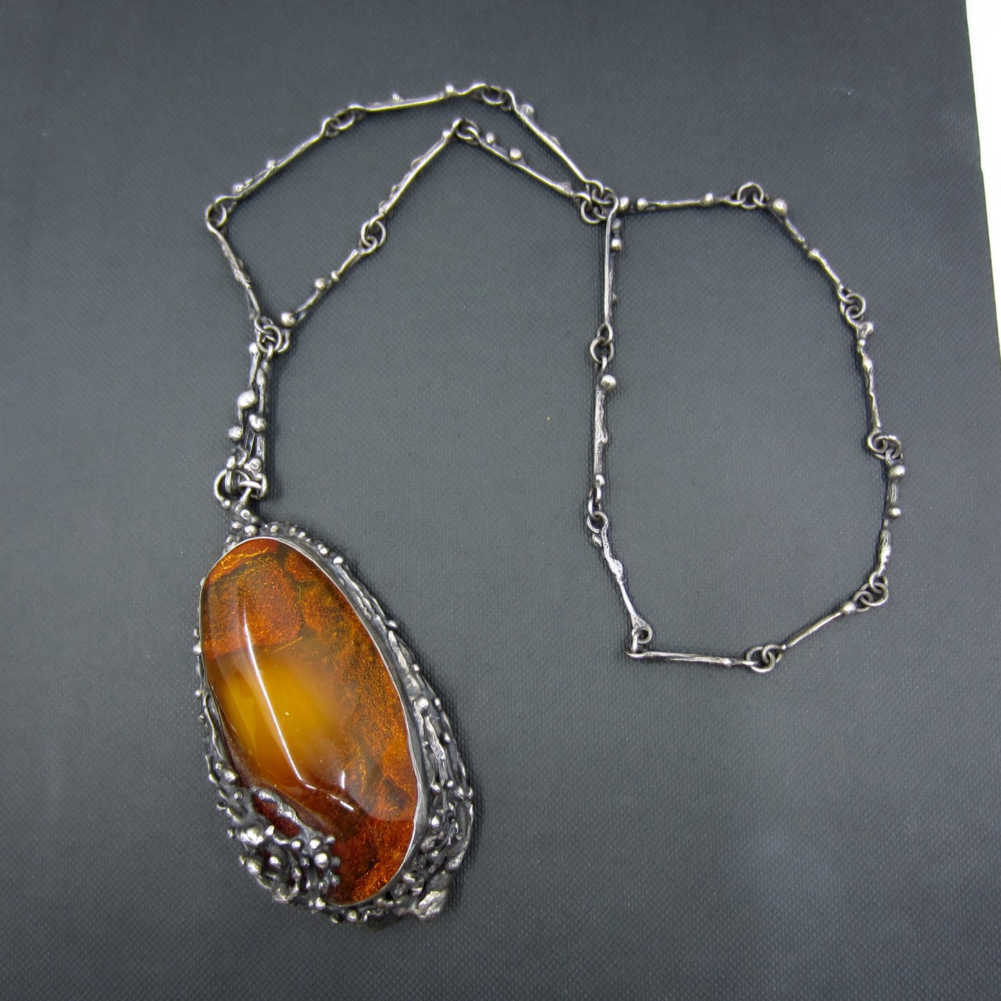 Vintage Brutalist Baltic Amber Necklace Silver c. 1970