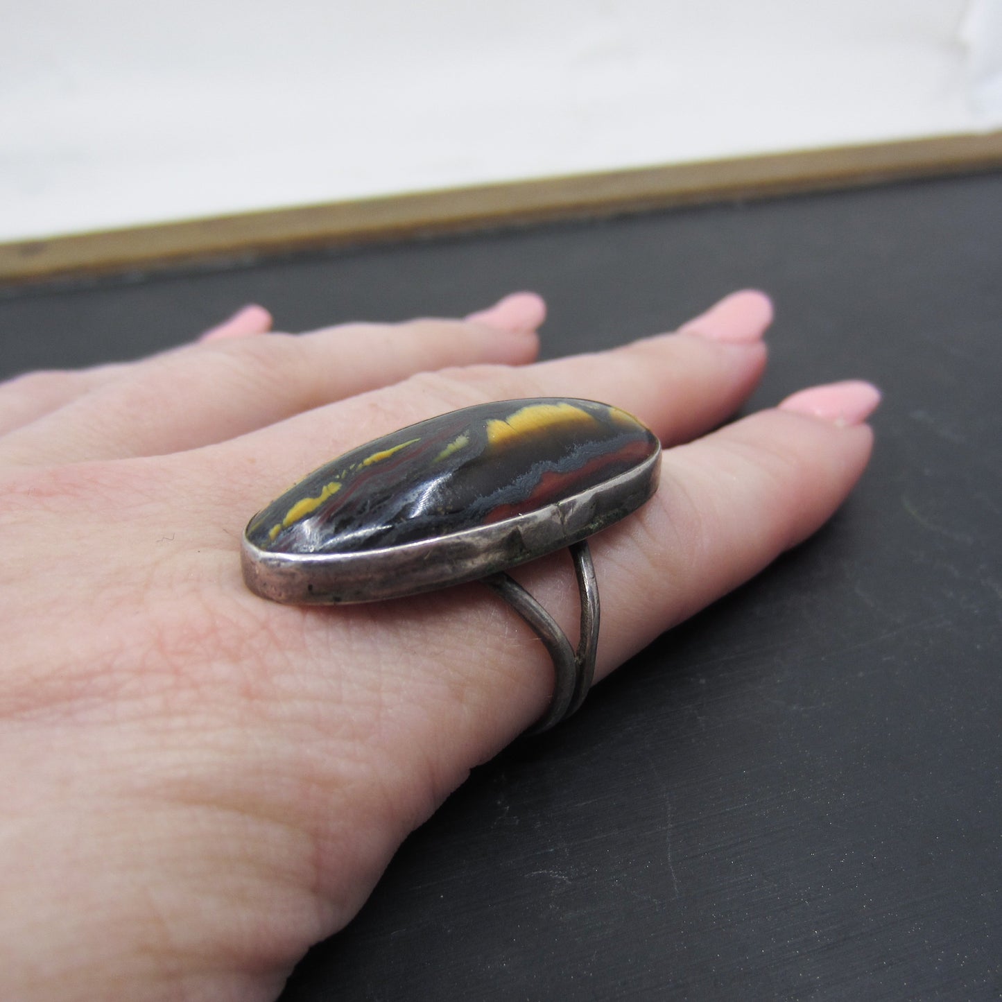 Vintage Big Tiger’s Eye Navette Ring Sterling c. 1960