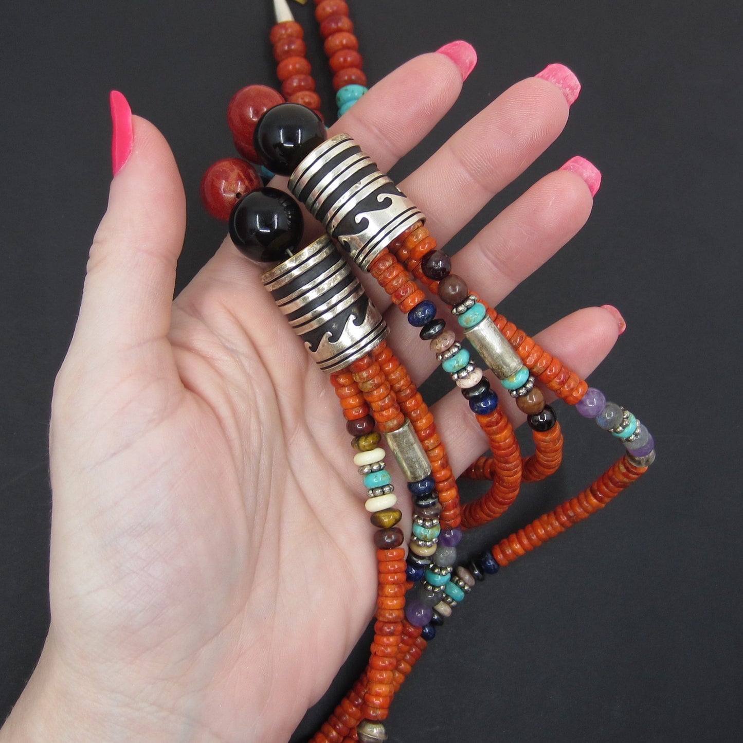 Vintage Navajo Sponge Coral Three Strand Necklace Sterling, Tommy Singer