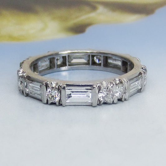 Vintage Baguette and Round Diamond Eternity Band Platinum, Size 8.25