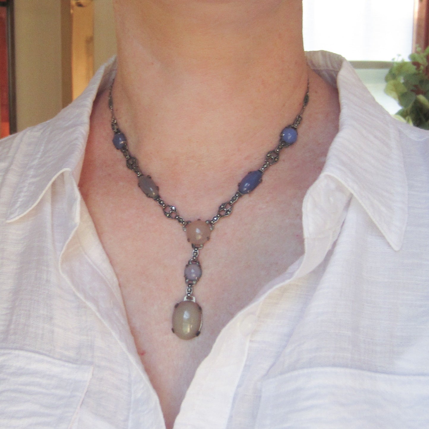 SOLD-Art Déco Chalcedony and Marcasite Drop Necklace Sterling c. 1920