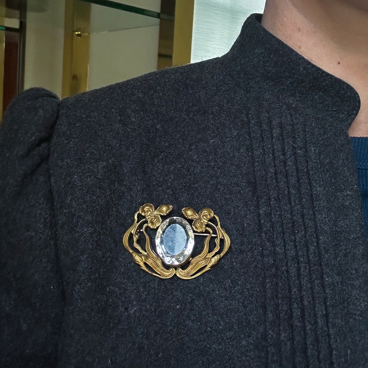 SOLD--Art Nouveau Crystal Brooch Brass c. 1890