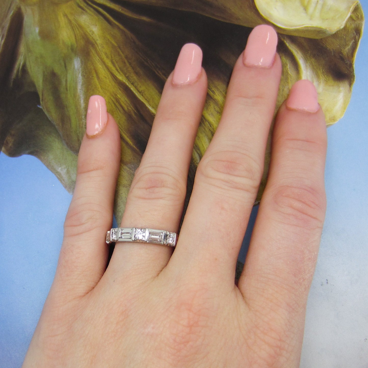 Vintage Baguette and Round Diamond Eternity Band Platinum, Size 8.25