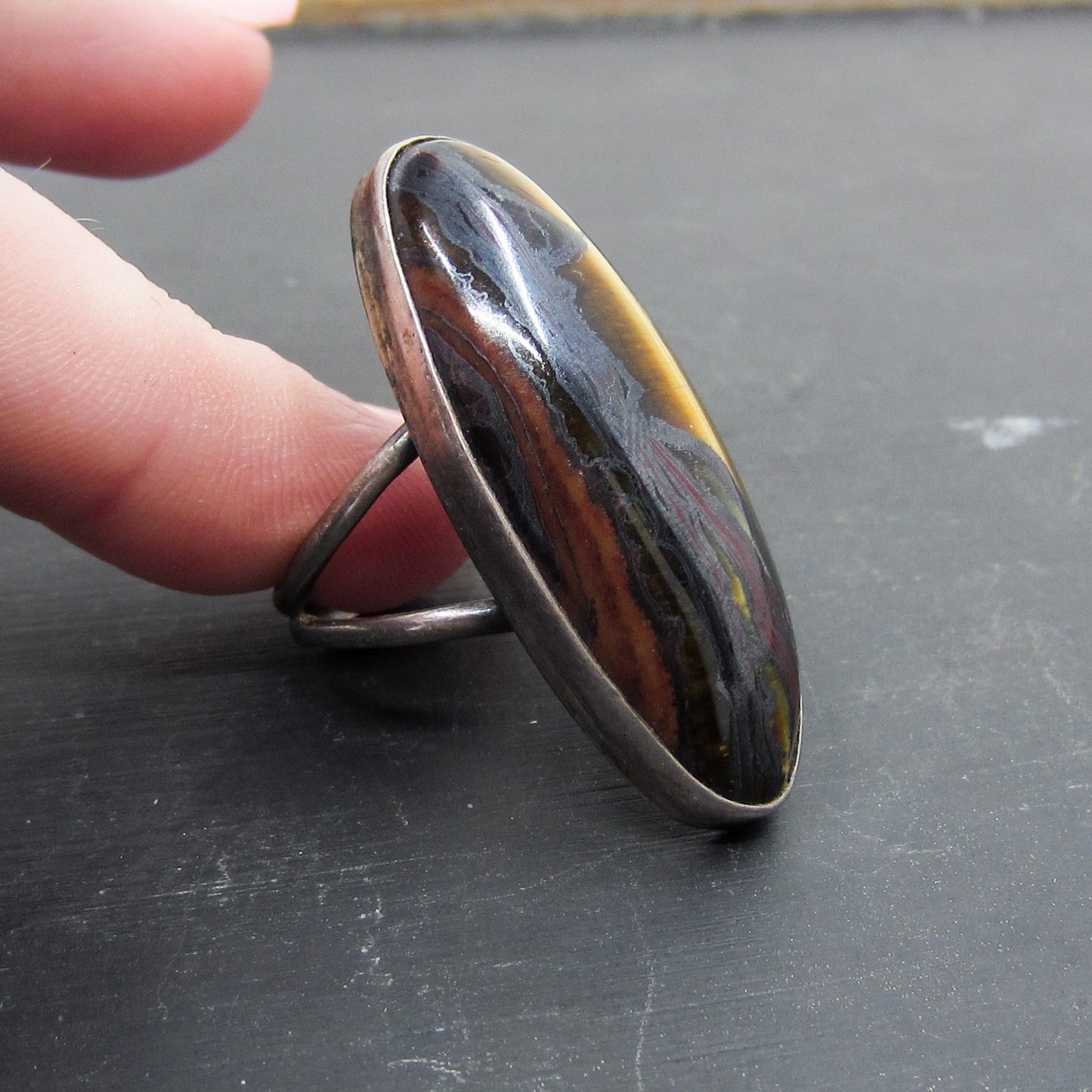 Vintage Big Tiger’s Eye Navette Ring Sterling c. 1960