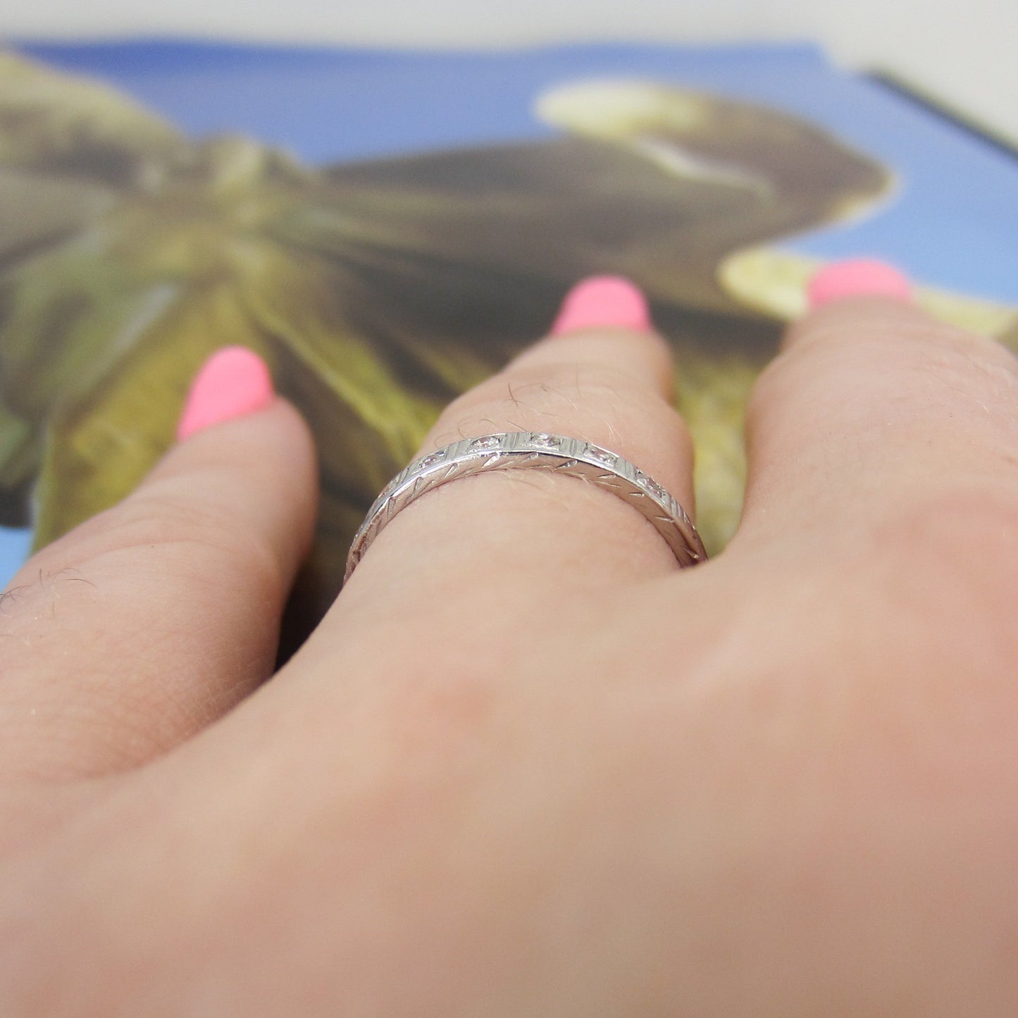 HOLD - Art Deco Seven Diamond Engraved Band 18k c. 1930