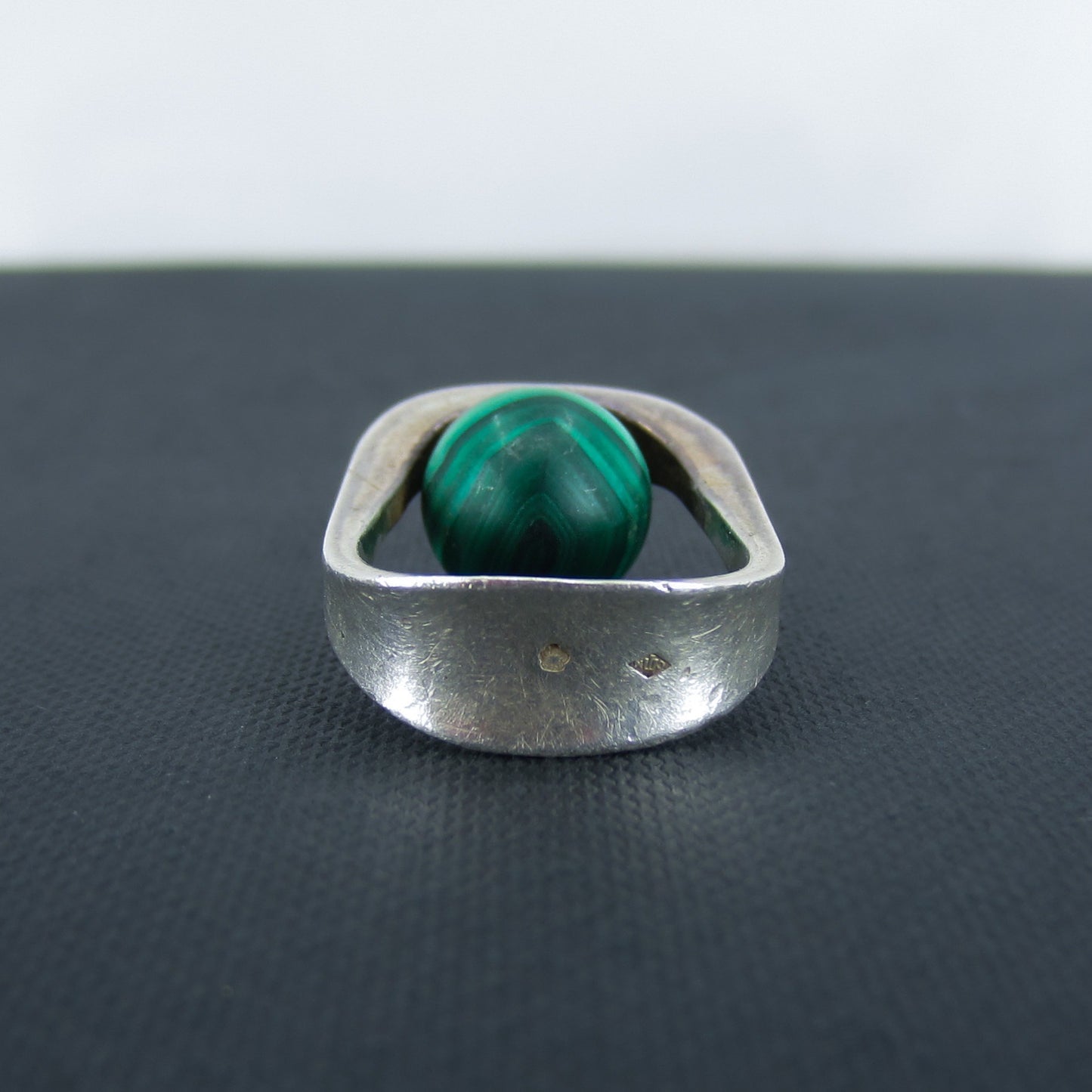 SOLD-French Modernist Malachite Ring Sterling, Size 6 c. 1960