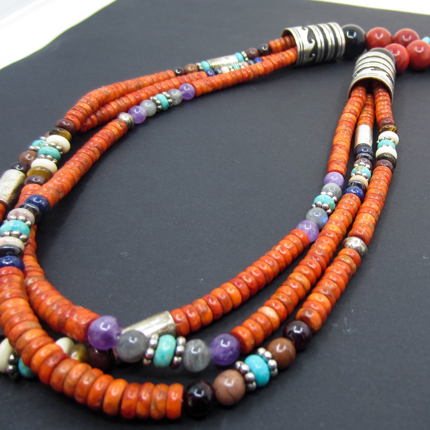 Vintage Navajo Sponge Coral Three Strand Necklace Sterling, Tommy Singer