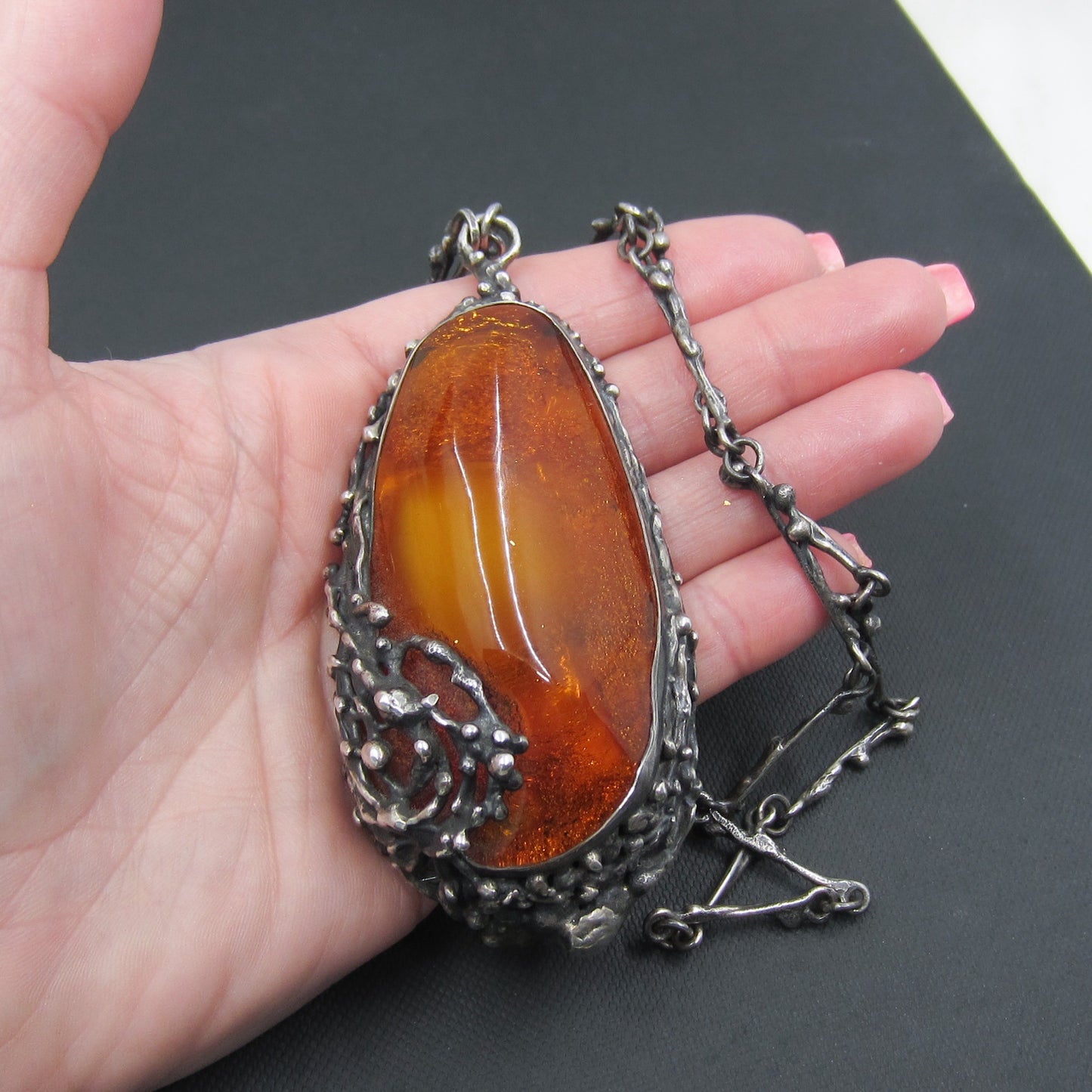 Vintage Brutalist Baltic Amber Necklace Silver c. 1970