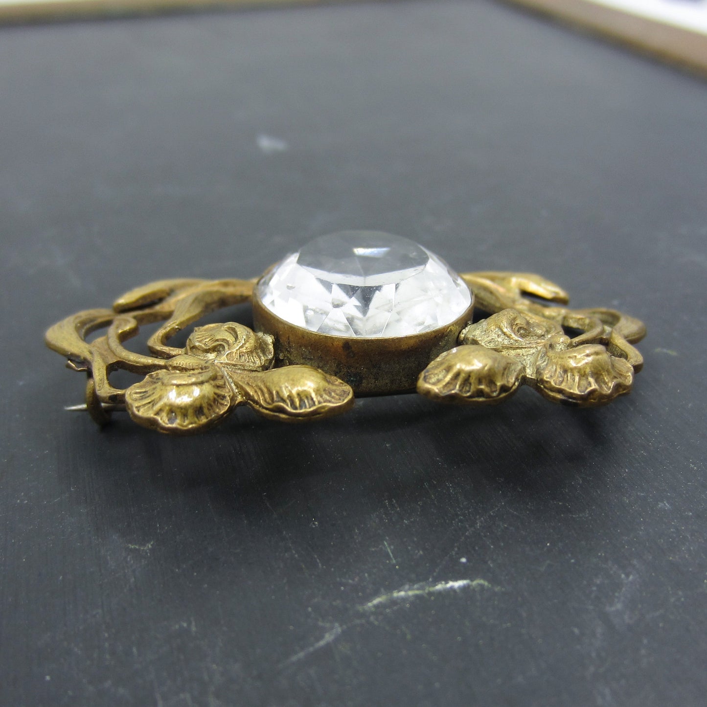 SOLD--Art Nouveau Crystal Brooch Brass c. 1890