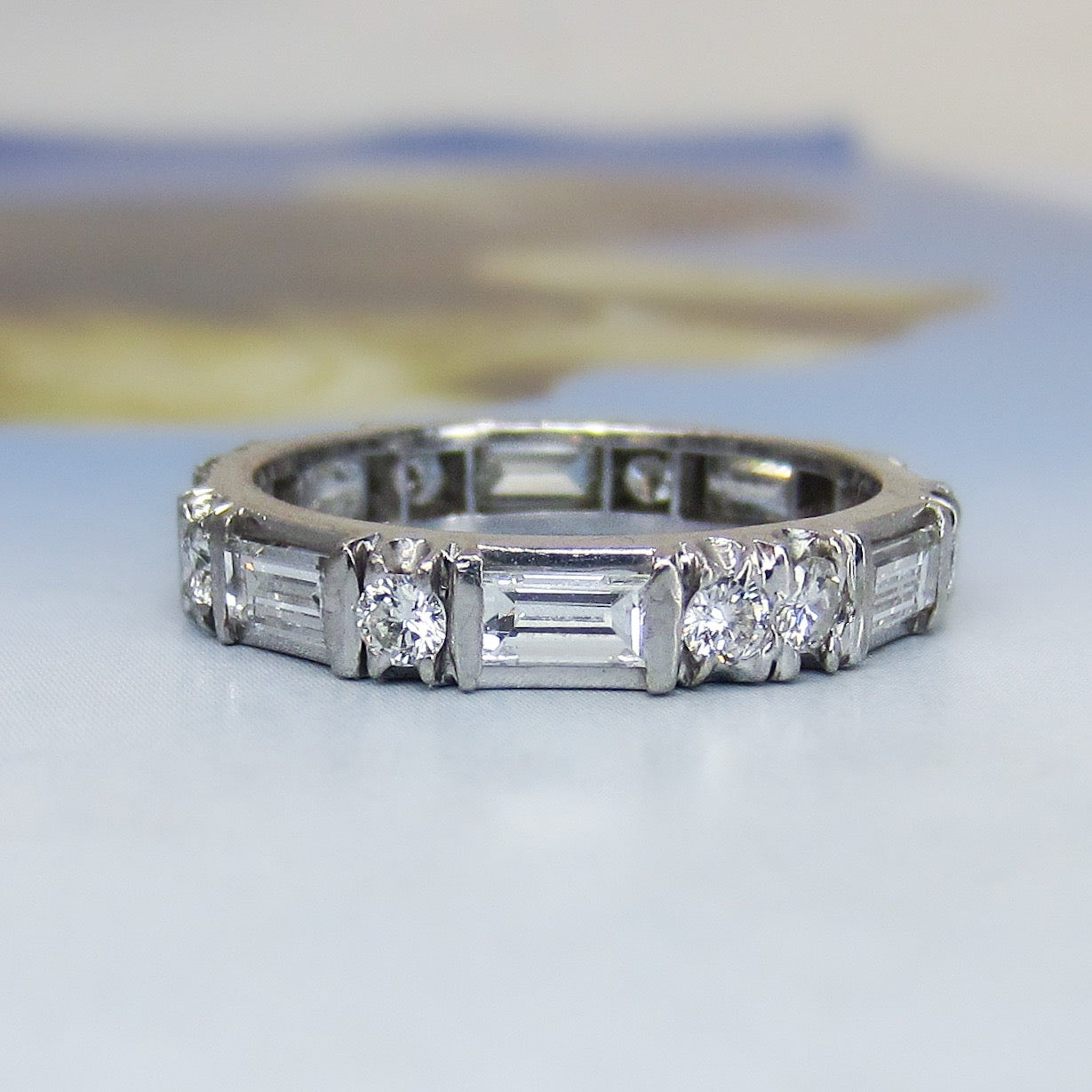 Vintage Baguette and Round Diamond Eternity Band Platinum, Size 8.25