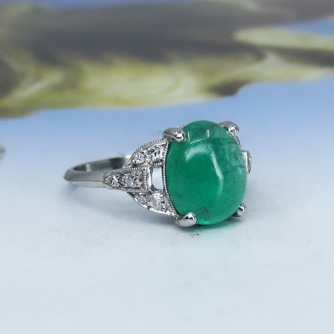 SOLD-Art Deco Emerald Cabochon and Diamond Ring Platinum c. 1930