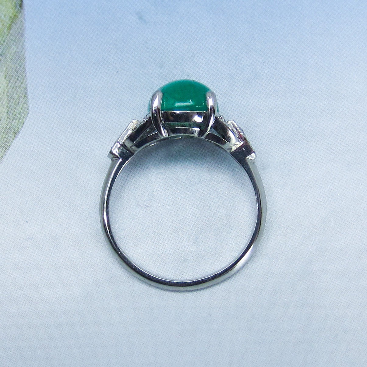 SOLD-Art Deco Emerald Cabochon and Diamond Ring Platinum c. 1930