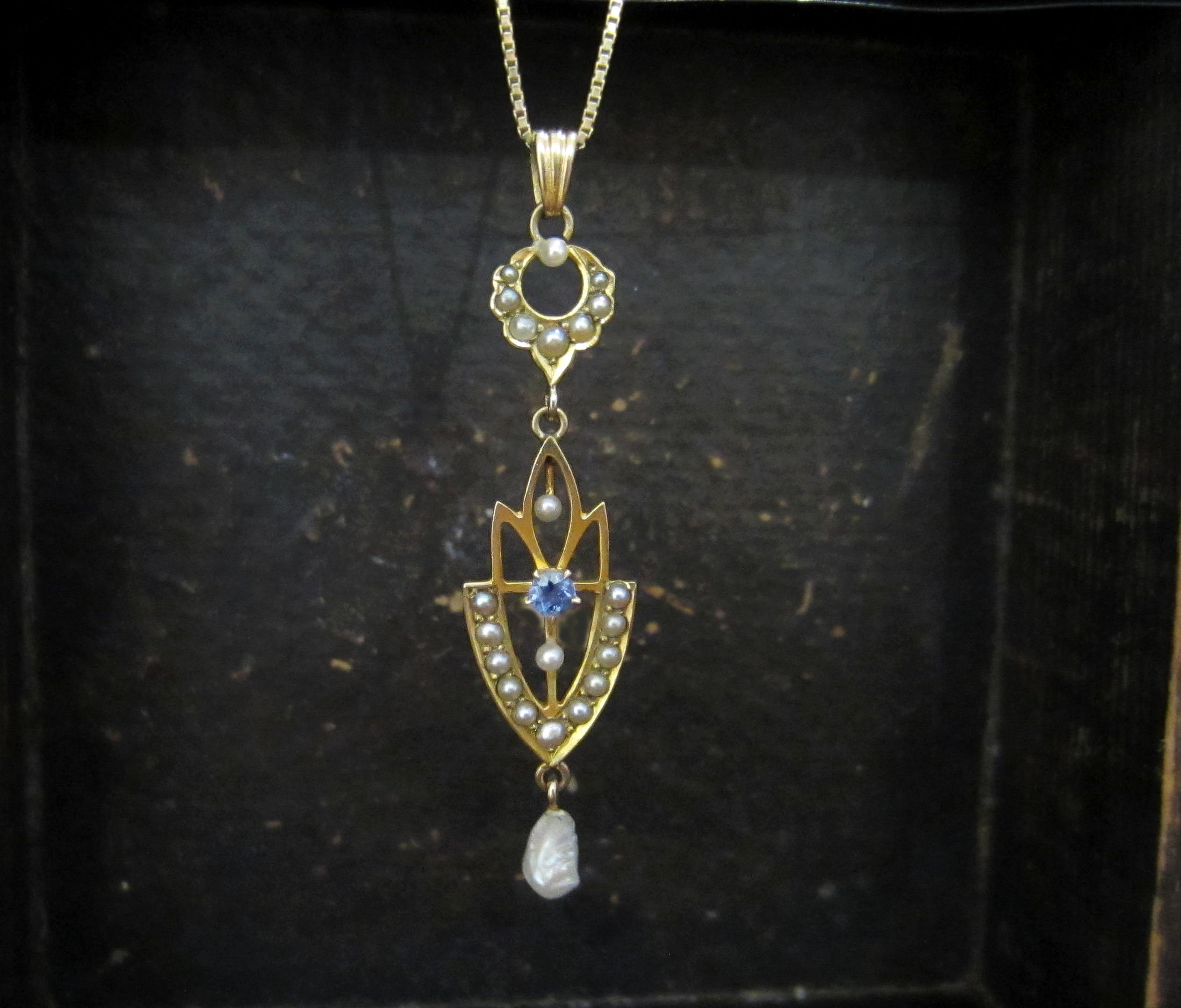 SOLD--Edwardian Sapphire and Pearl Lavalier 10k/14k c. 1910